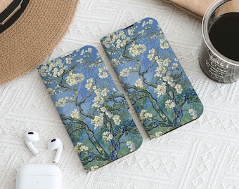 Blue Oil Painting of Cherry iPhone Case, Wallet Phone Case with Card Slot, Personalized Flip Phone Case for iPhone 17 16 15 14 13 12 11 Pro