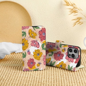 Dopamine Flowers gepersonaliseerde iPhone 16 Pro-hoes, portemonnee met kaartvak, gepersonaliseerde kleptelefoonhoes voor iPhone 16, 15, 14, 13, 12, 11 Pro Max