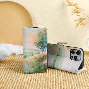 Roze bergbloem gepersonaliseerd iPhone 16 Pro-hoesje, portemonnee met kaartvak, gepersonaliseerd klapdeksel telefoonhoesje voor iPhone 16, 15, 14, 13, 12, 11 Pro Max