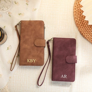 Vintage Leather Zip Wallet, Personalised Flip Case for iPhone 14 13 12 11 Pro Max, Wallet with Wrist Strap and Card Slot