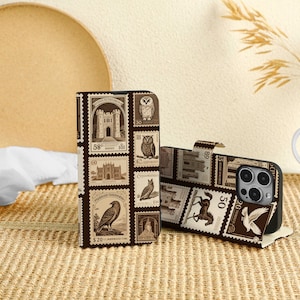 Étui portefeuille personnalisé pour iPhone 16 Pro, motif timbres vintage marron, avec emplacement pour carte, rabat personnalisé pour iPhone 16, 15, 14, 13, 12, 11 Pro Max