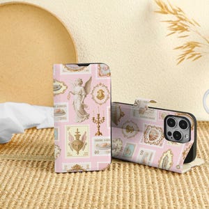 Capa personalizada com logotipo vintage rosa para iPhone 16 Pro, carteira com compartimento para cartão, capa de celular com tampa flip personalizada para iPhone 16, 15, 14, 13, 12, 11 Pro Max
