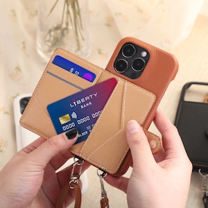 Crossbody iPhone Case with Card Slot, Personalised Leather iPhone Wallet Case, Pebble Leather Purse Bag for iPhone 14 13 12 11 Pro Max