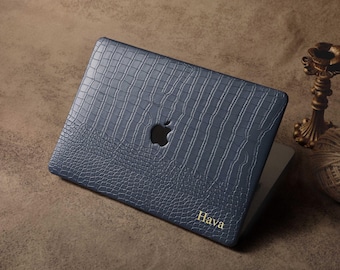 Denim Blue Faux Leather Crocodile Print Case, Retro Hard Case for Macbook Air 11/12/13/15 Pro 14/16, All New MacBook M2 M3 Laptop Case