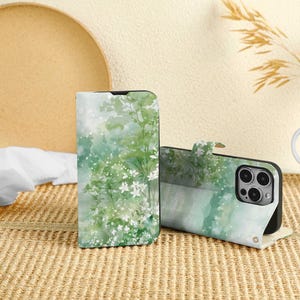 Witte bloemenbos gepersonaliseerde iPhone 16 Pro-hoes, portemonnee met kaartvak, gepersonaliseerde kleptelefoonhoes voor iPhone 16, 15, 14, 13, 12, 11 Pro Max