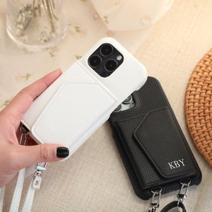 Crossbody iPhone Case with Card Slot, Personalised Leather iPhone Wallet Case, Pebble Leather Purse Bag for iPhone 14 13 12 11 Pro Max