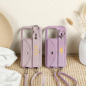 Crossbody iPhone Case with Card Slot, Personalised Leather iPhone Wallet Case, Pebble Leather Purse Bag for iPhone 14 13 12 11 Pro Max