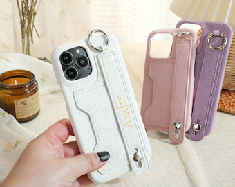 Personalized iPhone 17 Pro Case, Leather Case with Wrist Strap and Card Holder Slot, Pebble Leather Case with iPhone17 16 15 14 13 12 ProMax