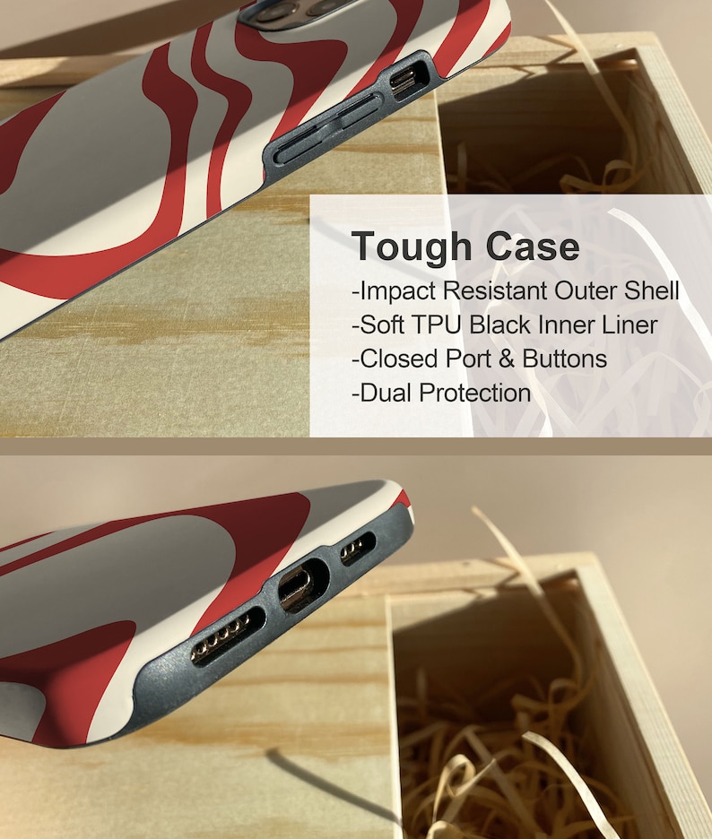 May include: A white and red phone case with a wavy pattern. The case is made of a tough material and has a black inner liner. The case has closed ports and buttons for added protection. Tough Case - Impact Resistant Outer Shell - Soft TPU Black Inner Liner - Closed Port & Buttons - Dual Protection