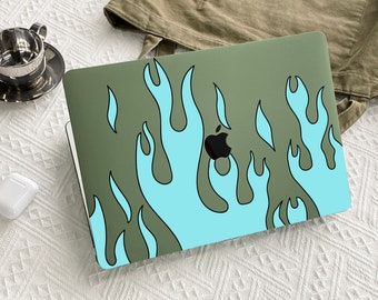 Blue Green Flame Paint Case Cover pour Macbook Pro 14 16 M1 Case Macbook Pro 13 15 16, A2337 A2338 Nom personnalisé Ordinateur portable Bureau Université Cadeau