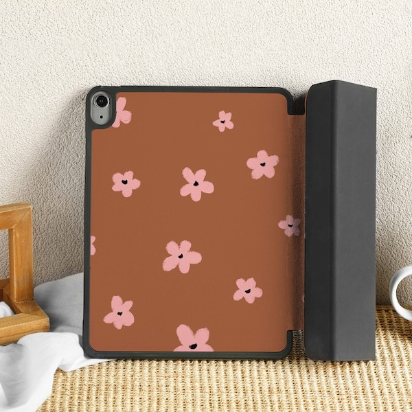 Brown Pink Flowers iPad Air Pro Case, Personalized iPad Cover ipad Case, iPad Cover for Apple iPad 9.7"10.2"10.5"11 in, iPad 2021 2020 2019