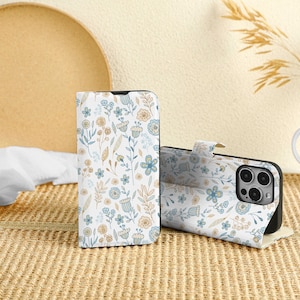 Blue Flower Garden Custom iPhone 16 Pro Case, Wallet with Card Slot, Personalized Flip Lid Phone Case for iPhone 16 15 14 13 12 11 Pro Max