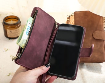 Vintage Real Leather Zip Wallet, Personalised Flip Case for iPhone 14 13 12 11 Pro Max, Wallet with Wrist Strap and Card Slot