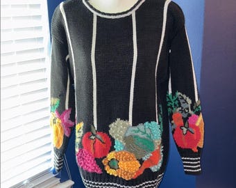 Vintage Mariea Kim 1980s Sweater – Navy Blue with White Stripes & Autumn Harvest