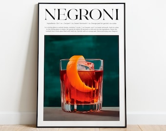 Negroni Cocktail Print, Framed Cocktail Poster, Cocktail Print with Recipe and Ingredients, Kitchen Wall Art, Home Bar