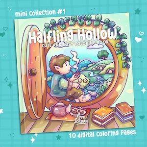 Op de afbeelding: Een kleurboek getiteld "Halfling Hollow" met de tekst "Cute and Cozy Coloring Book". De omslag toont een cartoonillustratie van een halfling die een pijp rookt voor een ronde deur. Het boek bevat "10 digitale kleurplaten".