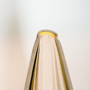May include: Close-up of a book's spine and pages. The book has a gray cover with a yellow top edge. The pages are off-white, and the book is set against a plain white background.