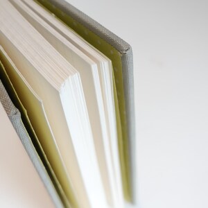 May include: Close-up of a hardcover book with a textured gray spine and light-colored pages. The pages are slightly fanned out, revealing their edges. The book's cover is a muted green color.