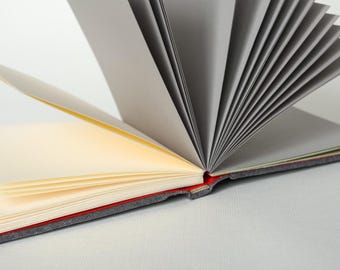 May include: A gray and red hardcover journal with blank pages. The journal is open and the pages are fanned out.