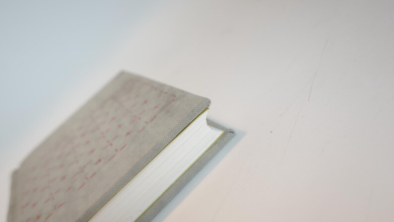 May include: A light gray book with a textured cover and white pages. The cover has a subtle grid pattern in red. The book's spine is visible, showing the edge of the pages. The book is angled, with a plain white background.