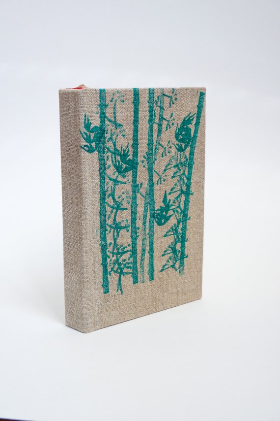 Bamboo Notebook Sketchbook, Linen With Custom Ink Stamps on Cover 