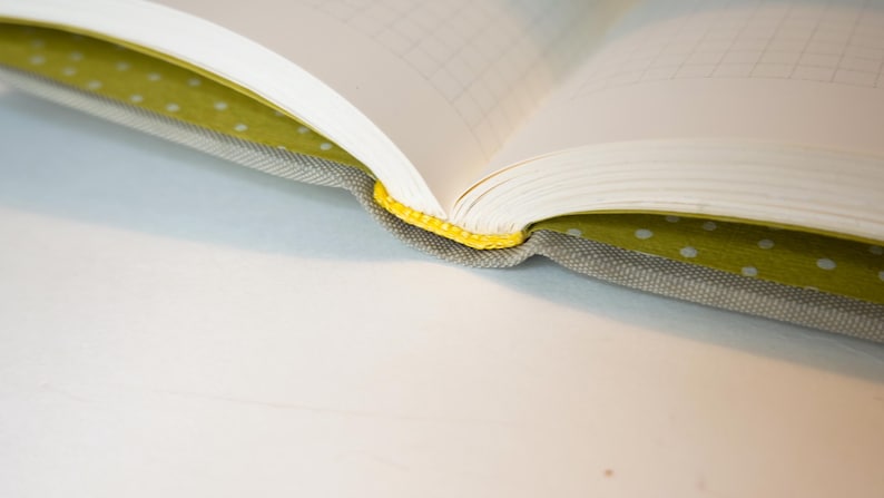 May include: An open notebook with graph paper pages. The cover is gray fabric with a yellow spine and a green polka dot interior lining. The notebook is on a white surface.