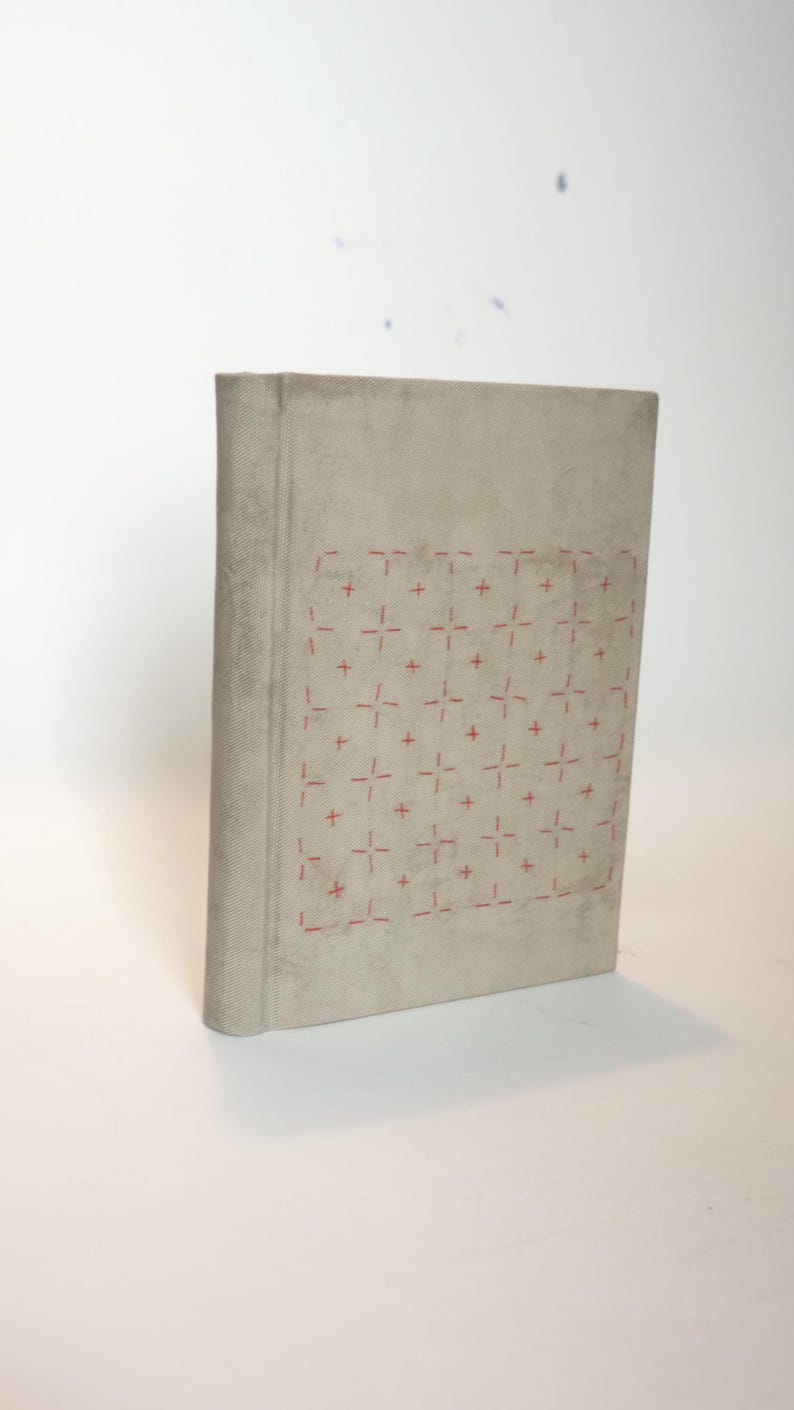 May include: A hardcover book with a light gray cover. The cover features a grid pattern of red cross-stitch embroidery. The spine is a darker gray. The book is standing upright against a white background.