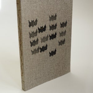 Bats sketchbook, notebook, journal in linen cover with custom ink stamps. Hand bound in Longstitch technique. Size is about A5