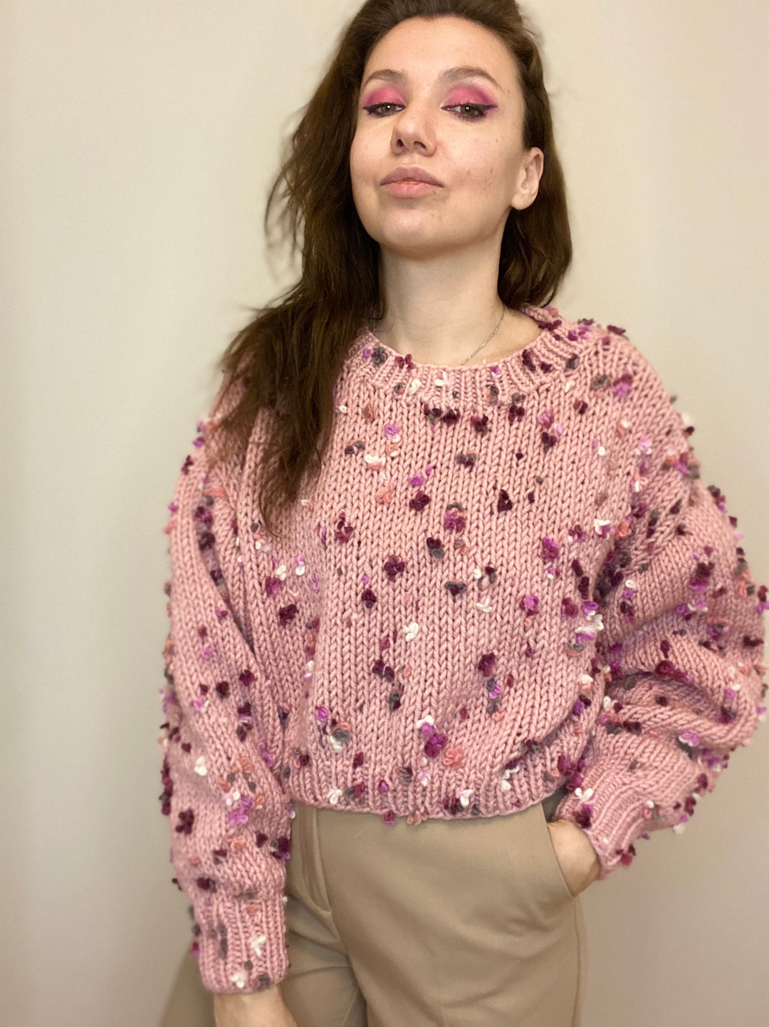 Blush Pink Cropped Chunky Cable Knit Sweater for Woman Etsy Canada