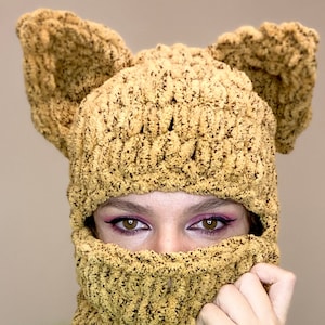 Hand knit balaclava hood with ears Full face ski mask