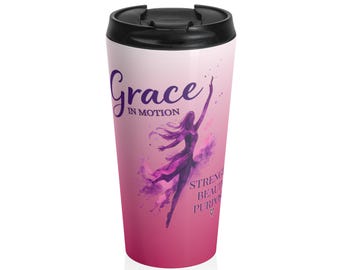 Kubek podróżny ze stali nierdzewnej z sylwetką tancerza Grace in Motion | różowy ombre z inspirującym cytatem