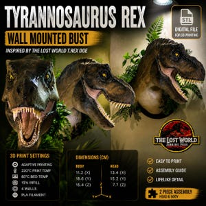 Puede incluir: Busto de pared de Tyrannosaurus Rex inspirado en The Lost World: Jurassic Park. La imagen muestra tres cabezas de dinosaurio detalladas con la boca abierta. Las dimensiones son 11,2 x 18,6 x 15,4 cm para el cuerpo y 13,4 x 15,2 x 7,7 cm para la cabeza.