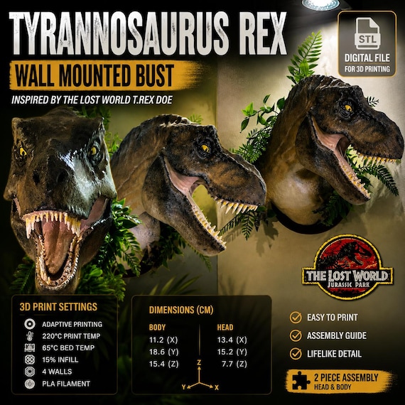 Jurassic Park T-rex Bust STL – Dinosaur 3D Print File – T Rex