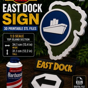 Könnte beinhalten: Werbebild für ein 3D-druckbares Jurassic Park East Dock-Schild. Das Schild ist 34,1 cm breit und 31,1 cm hoch. Das Bild enthält eine Barbasol-Rasiercreme-Dose und andere 3D-gedruckte Elemente. Das Schild ist im Maßstab 1:3.