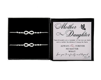 2x Matching Silver INFINITY Bracelets for Mum and Daughter, Adjustable 925 Sterling Silver Set, MOTHERS Day Gift, Optional personalised Card