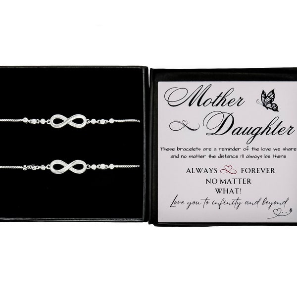 2x Matching Silver INFINITY Bracelets for Mum and Daughter, Adjustable 925 Sterling Silver, Sentimental Birthday, Mothers Day Gift, Inc Card