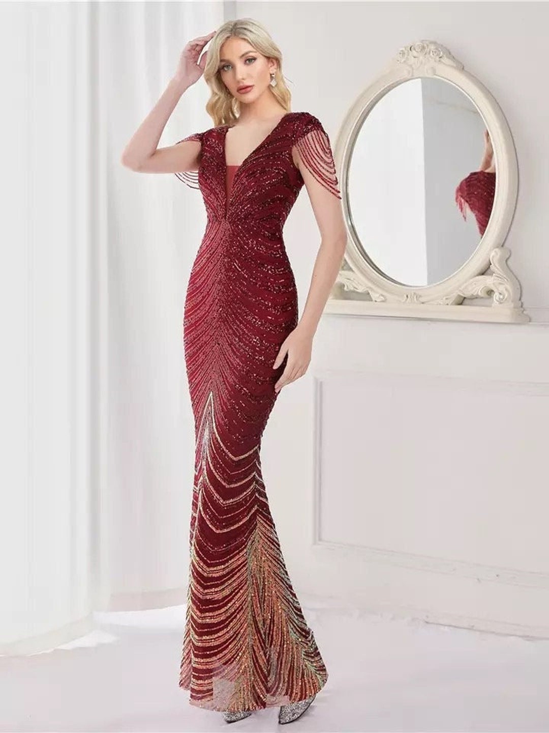 Sequins Applique Translucent Top Ruched Prom Dress Marigold