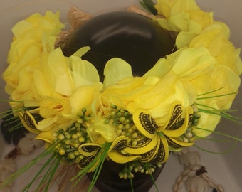 Tahitian flower head crown with yellow tattooed Tahitian tiara