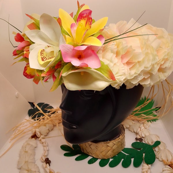 Couronnes de tête "tahiti" en tissu avec orchidées, anthurium et plumeria (frangipanier)