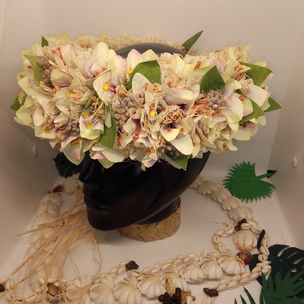 Couronne de tête champagne avec fleurs tahiti, brins de bougainvilliers beige avec des touches de vert et de violet