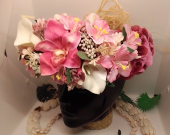 Tahitian head wreath with realistic touch orchid surrounded by arums