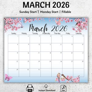 2026 March Calendar, Spring Birds, Butterflies (Fillable PDF)