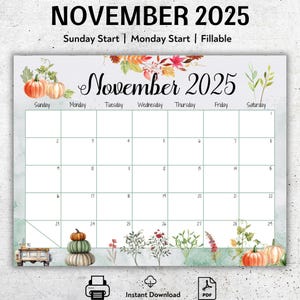 EDITABLE November 2025 Calendar, Colorful Pumpkins, Printable Planner, Fillable Calendar, Monthly Schedule for Kids, Calendar for Women
