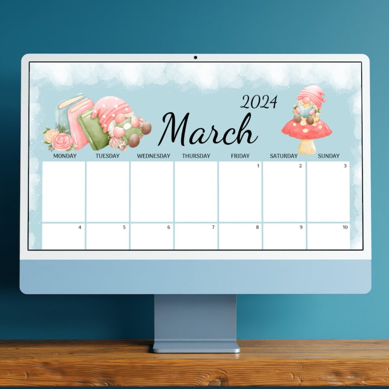 EDITABLE March 2024 Calendar, Fillable Calendar, Cute Gnomes, Happy St