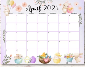 EDITABLE April 2024 Calendar, Happy Easter Day, Cute Rabbit, Printable Fillable Calendar Planner, Monthly Schedule for Kids, Easter Egg