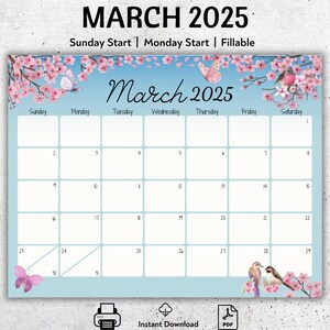Calendario modificabile di marzo 2025, splendida primavera, uccelli carini, farfalle, calendario minimalista, agenda universitaria, agenda per la scuola domestica, PDF