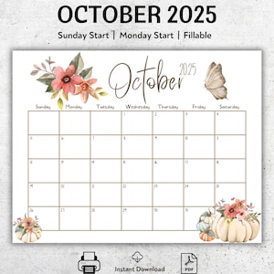 MODIFIABLE calendrier octobre 2025, belles citrouilles, fleurs colorées, élégant et simple, imprimable, agenda à remplir, programme hebdomadaire, PDF