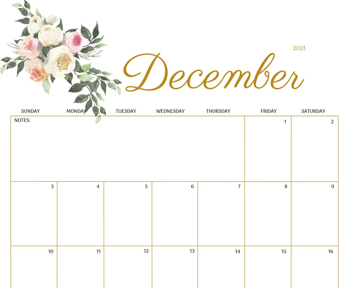 EDITABLE December 2023 Calendar, Beautiful Watercolor Flowers ...