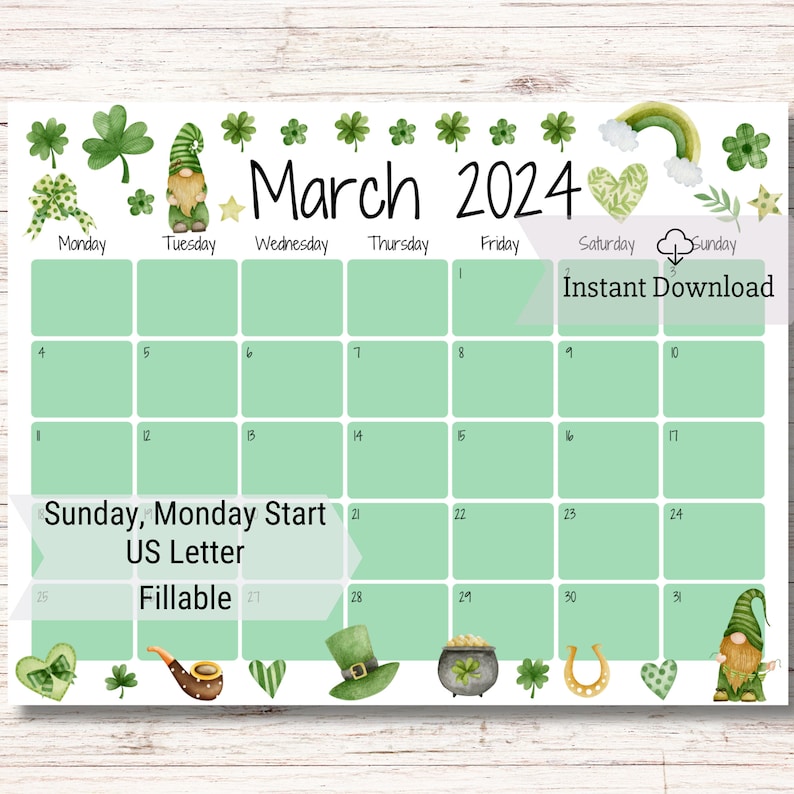 EDITABLE March 2024 Calendar, Printable Planner, Fillable Calendar