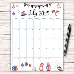 EDITABLE July 2025 Calendar, Monthly Planner, Printable Homeschool Planner, 4th July Independence Day with Cute Gnomes, Fillable Calendar